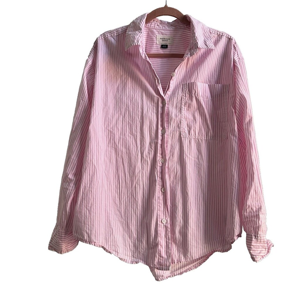 Seersucker Pink White Stripe Long Sleeve Button Down Cotton Shirt AE Men's Small